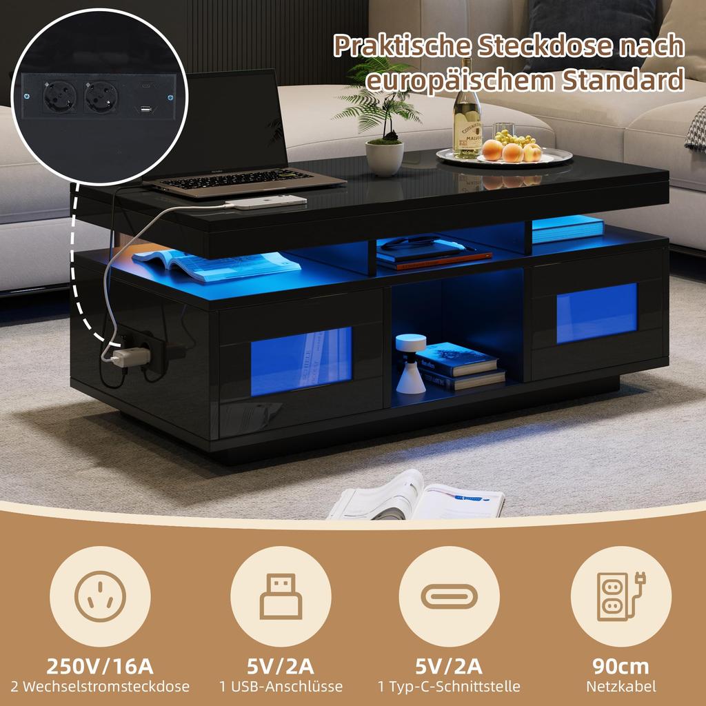 Couchtisch Schwarz, Hochglanz LED Beleuchtung, Kaffeetisch Schrank & Offene Staufächer, Sofatisch Rechteckiger Mitteltisch, 100×50×43cm