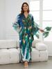 EDOLYNSA 2024 Green Peacock Plume Printed Beach Dress V-neck Side Split Plus Size Kaftan Summer Boho Swimsuit Coverup For Women Cozy House Robe Q1588