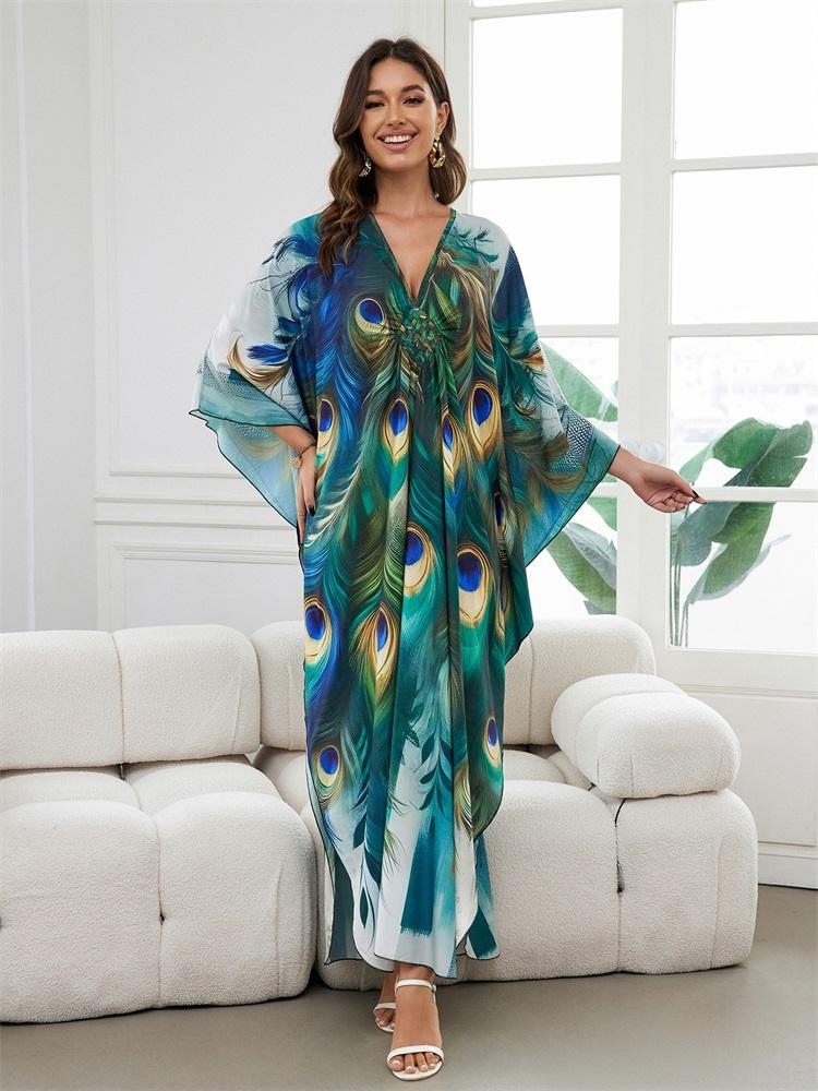 EDOLYNSA 2024 Green Peacock Plume Printed Beach Dress V-neck Side Split Plus Size Kaftan Summer Boho Swimsuit Coverup For Women Cozy House Robe Q1588