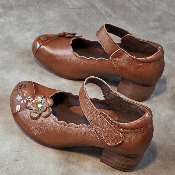 Johnature Женская обувь из натуральной кожи с принтом в этническом стиле, туфли-лодочки в стиле ретро с круглым носком, на толстом каблуке и на мягкой подошве