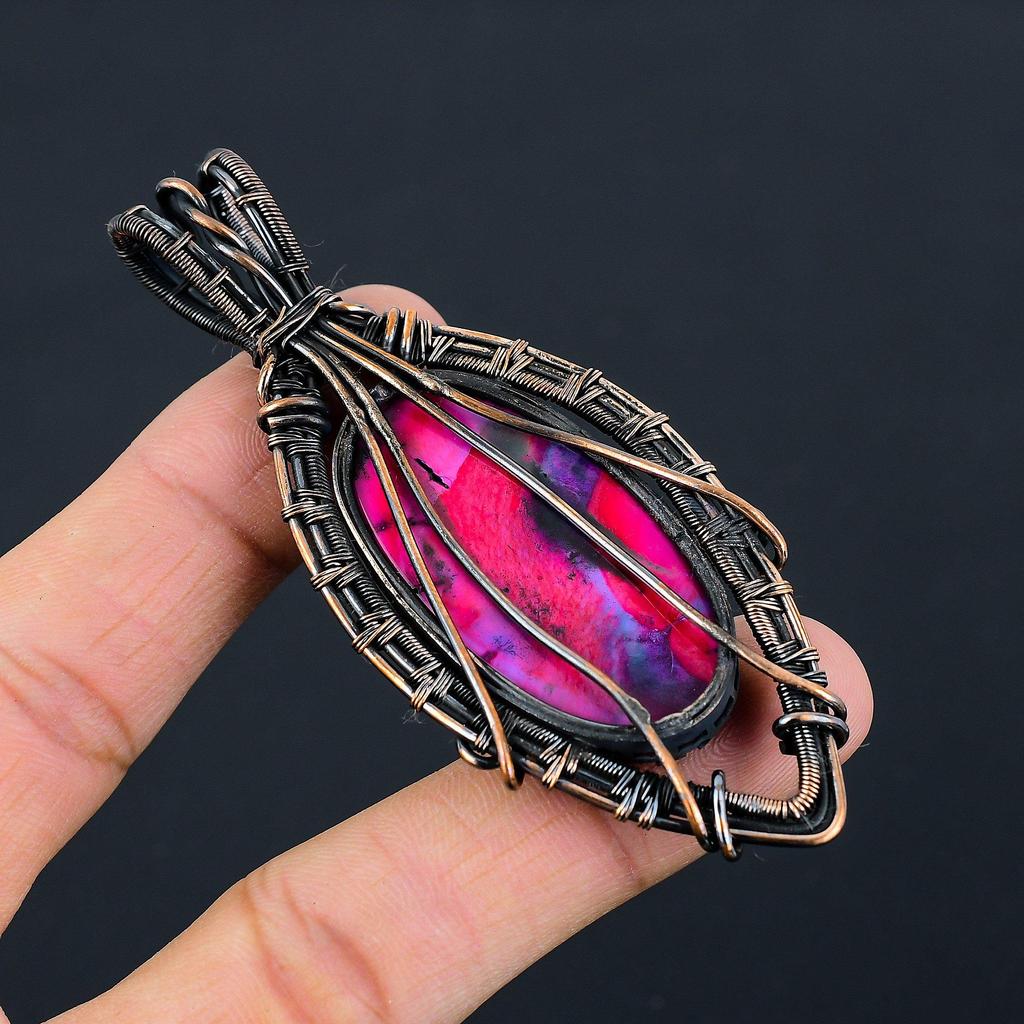 Pretty Pink Dendrite Opal Gemstone Pure Copper Wire Wrapped Handmade Pendant Jewelry