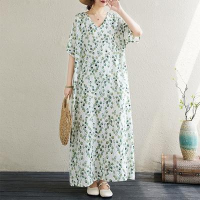 Летнее тонкое хлопковое и льняное литературное свободное платье большого размера с V-образным вырезом, короткими рукавами, средней и длинной длины для женщин