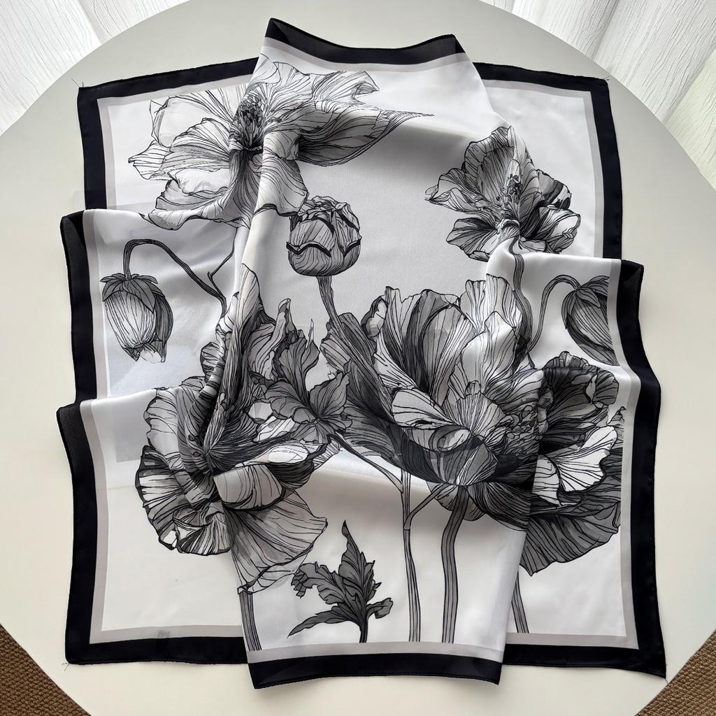 FLoral Printed Imitation Silk Scarves Fashion Square Scarf Bandanas For Women Luxury Hijab Neckerchief Elegant Shawl Beach Wraps