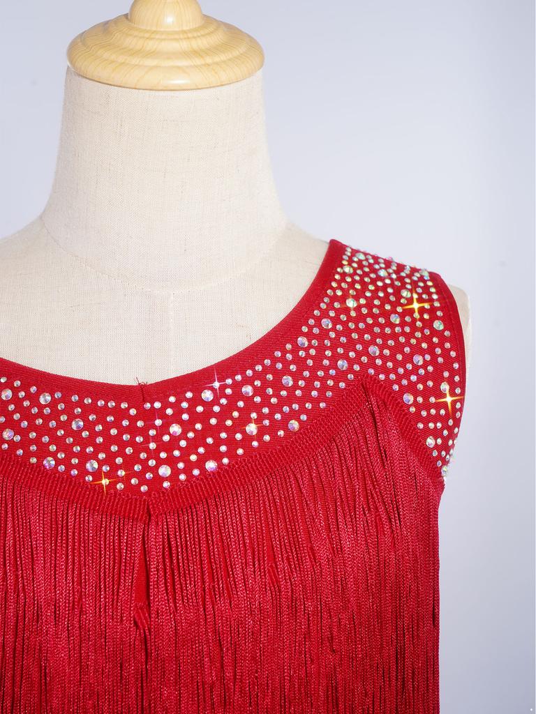 Girls Tassel Latin Dance Dress Asymmetrical Fringe Shiny Rhinestones Cutout Stage Performance Costume