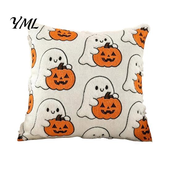 Holiday Throw Pillow Covers Ghost Pumpkin Cushion Cover, Halloween Cute Cozy Bedroom Cover Embroidered Case, Soft Plush Pillowcase for Couch Sofa Gift