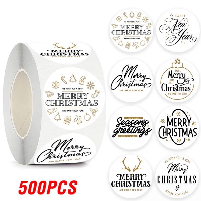 100-500pcs Merry Christmas Sticker , Round Adhesive Decoration Sticker for Cards Envelope Seal Xmas Gift Wraps Box Bags