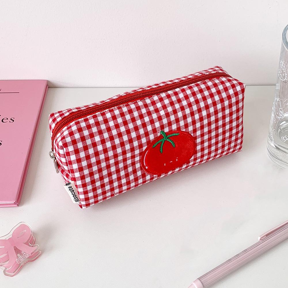Tomato Gingham Makeup Bag Canvas Cosmetic Bag Cartoon Pencil Case Students