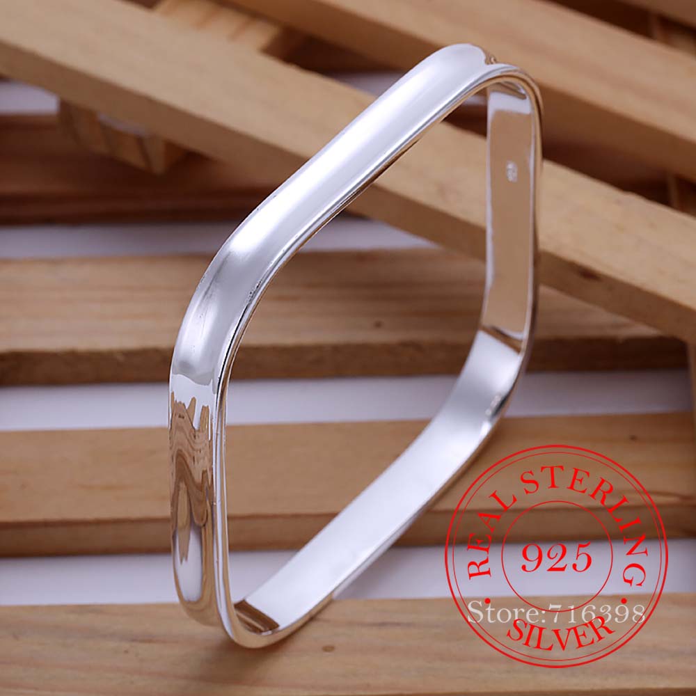 Genuine 925 Sterling Silver Bangles For Women Wedding Engagement Party Style Small Square Bangle-no Words Bracelet Jewelry