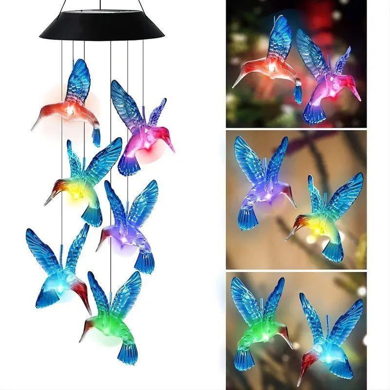 Blue Bird Wind Chime Lamp Color Changing Solar Wind Chime Colorful Butterfly Wind Chime Lamp Waterproof Outdoor for Courtyard Garden Decoration