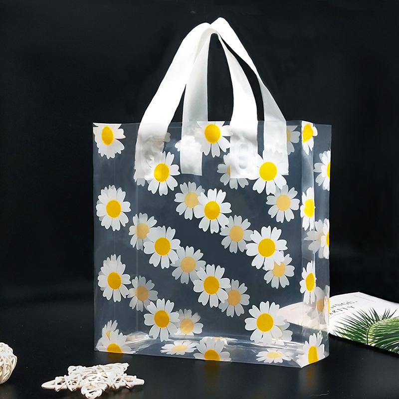 5/10Pcs Gift Bags Printed Daisy Transparent Tote Portable Bag Packing Shopping Casual Handbag Waterproof Bag