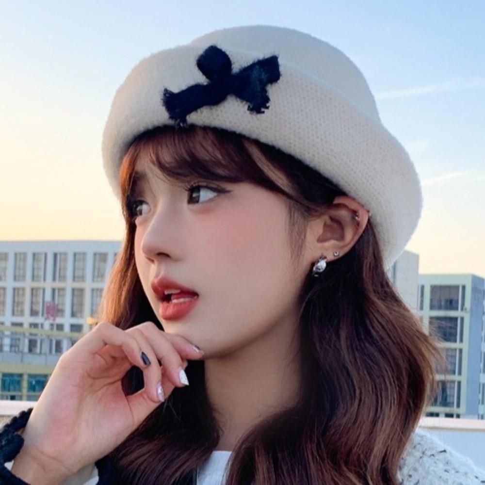 Solid Color Bow Bucket Cap Korean Style Women Bucket Hat Sweet Woolen Fishing Cap Streetwear