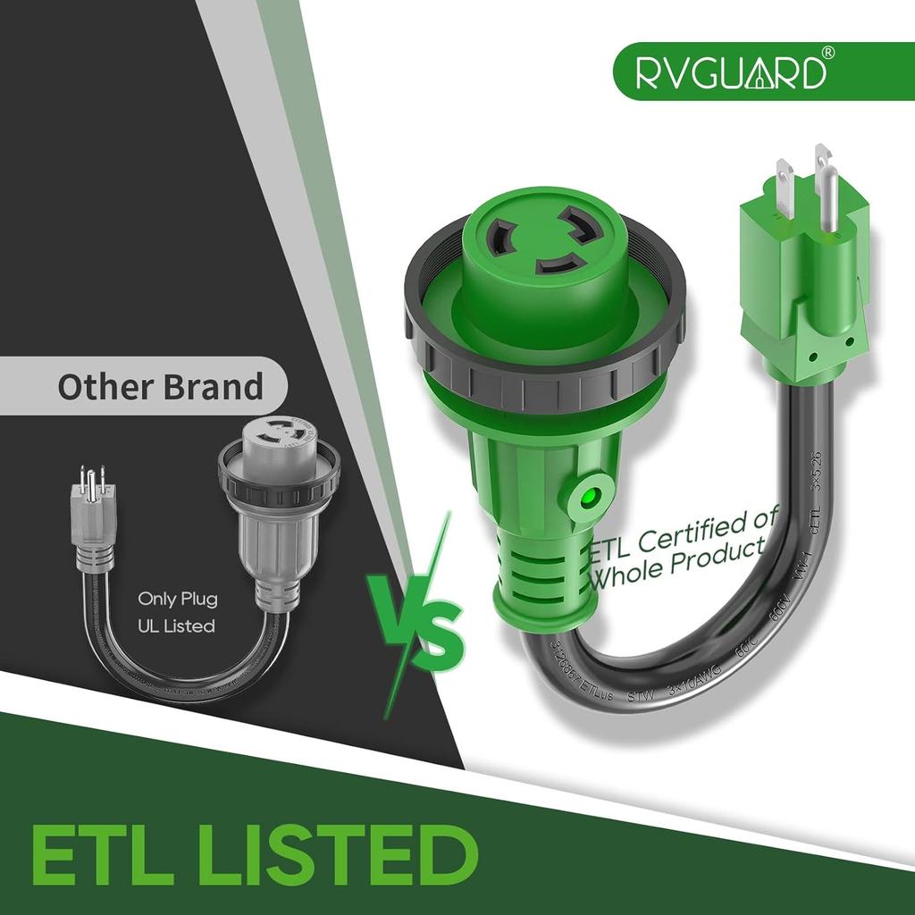 RVGUARD 30-амперный адаптер-шнур для RV на 110 Вольт с запирающим разъемом, 12 дюймов, электрический адаптер питания NEMA 5-15P на NEMA L5-30R со светодиодным индикатором питания