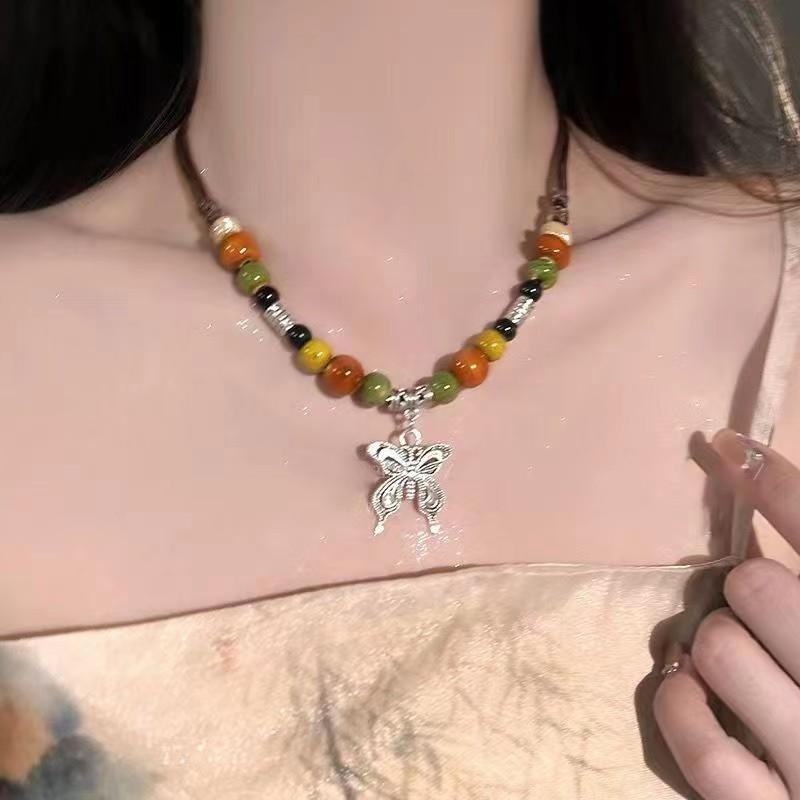 Винтажное китайское этническое ожерелье из бисера в виде бабочек — ретро, универсальная и стильная цепочка на ключицу для женщин.