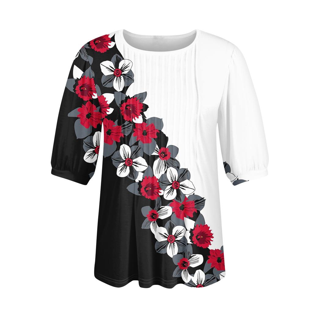 Женские пышные туники с короткими рукавами, топы, плиссированные блузки с воротником, повседневные свободные весенне-летние футболки