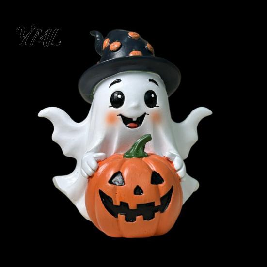 Halloween Ghost Pumpkin Decor Decoration, Holding Resin Figurine with Witch Soft Aesthetic Sculptures Hat, Spooky Cute Tabletop for Home Kitchen