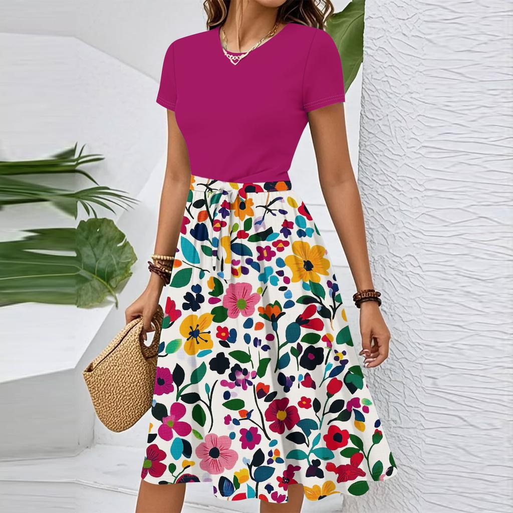 Women's Casual Fashion Belted Floral Printed Short Sleeve Round Neck Elegant Flowing Dress