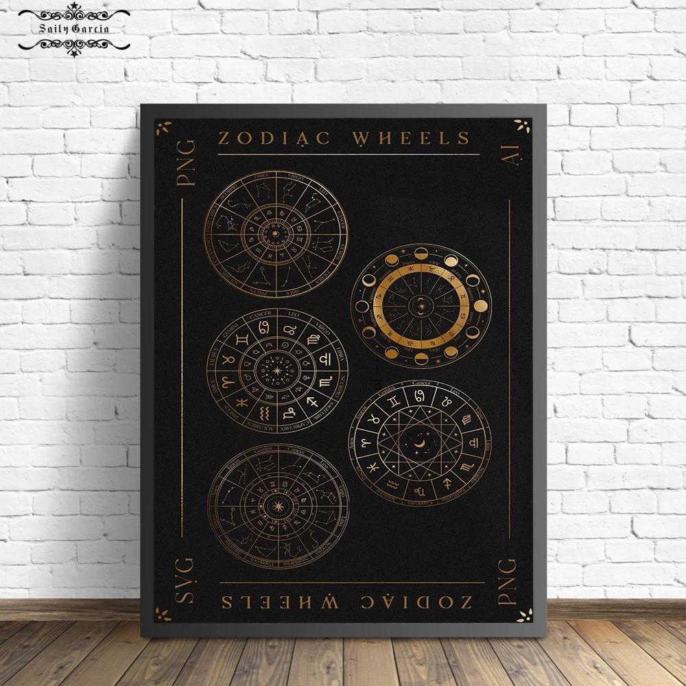 Гороскоп Гадание Плакат Астрология Зодиак Фаза Луны Символы Печатает Холст Картины Настенные Художественные Фотографии Ведьма Декор Для Гостиной