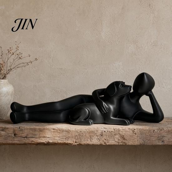 Modern Abstract Art Decor 3D Printed Man Lying on Dog Statue, Minimalist Human Pet Desktop Ornaments for Owners Figurine, Matte Black Sculpture