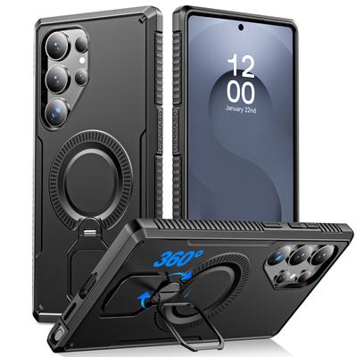 Для Samsung Galaxy S25 Ultra С подставкой с вращением на 360°, Защита военного уровня, Совместим с Magsafe, Ударопрочный чехол с подставкой-Черный