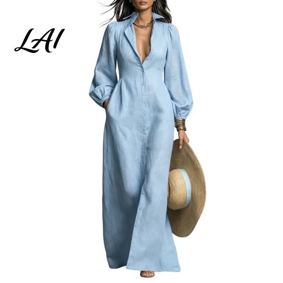 Collared Shirt Style Dresses Women Button Front Dress Long Sleeve Turn-down Collar Solid Color Cinched Waist Dress for Daily Office Up