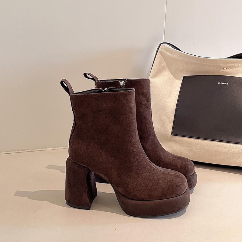 Замшевые короткие ботильоны на высоком каблуке в ретро-темпераментном стиле, осенне-зимние, корейская версия, французская мода, универсальные, на толстом каблуке, тонкие ботильоны, женские ботинки Мартин