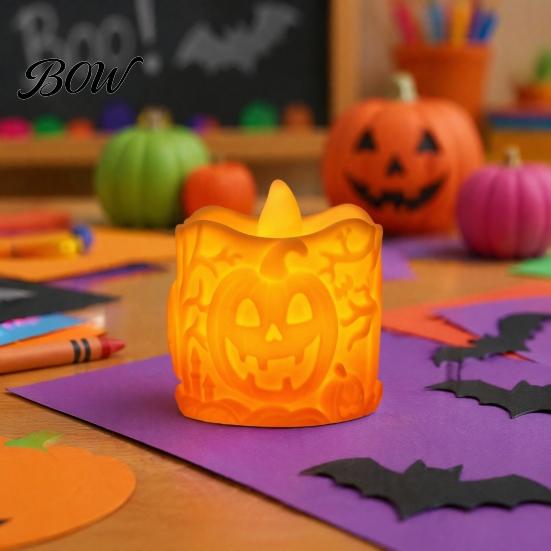 Hollow Relief Pumpkin Light Halloween LED Candle, Flameless Electronic Tealight, Embossed Resin Lantern, Portable Night Spooky Table Decor for Indoor