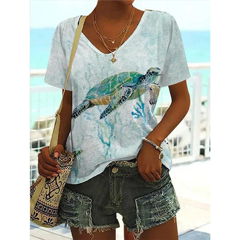 Женская футболка с V-образным вырезом и 3D-принтом в виде дельфина. Модная футболка с короткими рукавами и принтом.