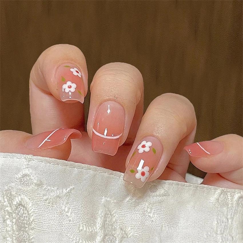 24Pcs French Long Ballet Square Fake Nails Handmade Removable Press On Acrylic Nail Art Tips