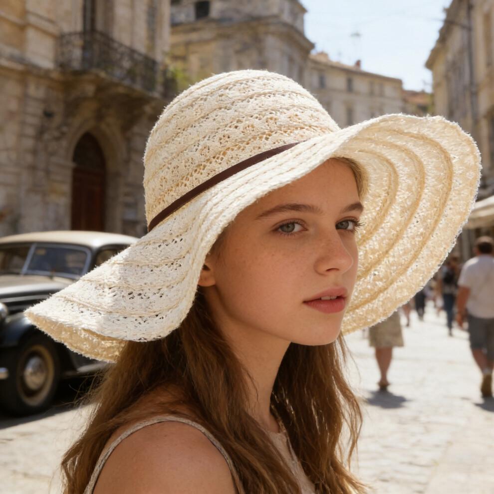 (One Size, Beige) Women's Summer Straw Hat Elegant Floppy Wide Brim Beach Cap Lightweight Lace Sun Hat