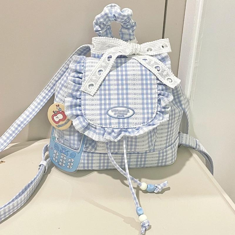 Синий кружевной клетчатый рюкзак женский новый милый рюкзак с оборками студенческий стиль сумка для commuters