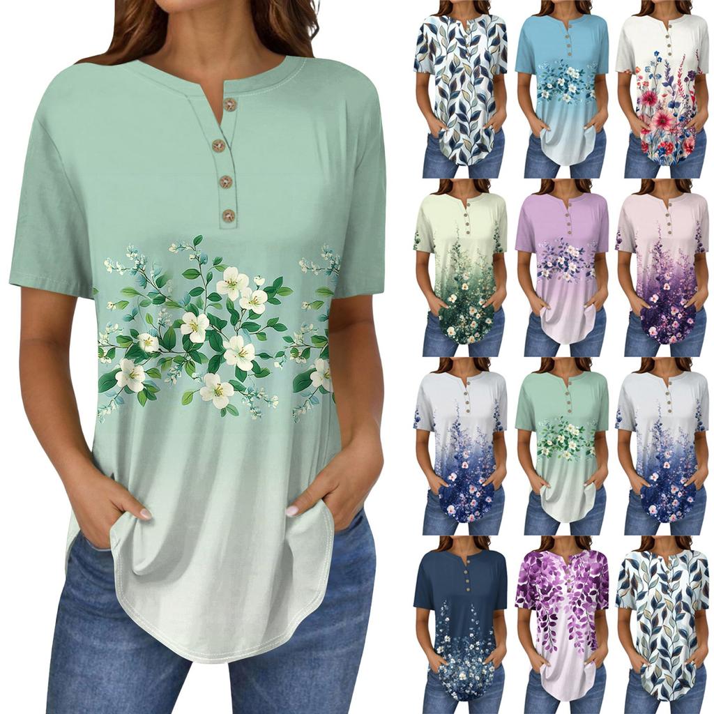 Short Sleeve Womens Tops Summer T-Shirts Floral Print V Neck Casual Basic Tee Button Shirts Tunic Tops