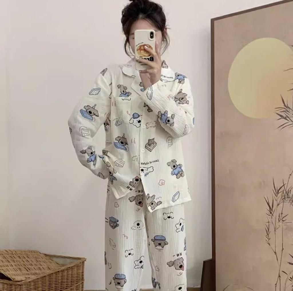 Пижамный комплект из хлопка «Облако» для женщин: Кардиган свободного кроя с длинным рукавом и милыми лацканами в студенческом стиле на весну и осень