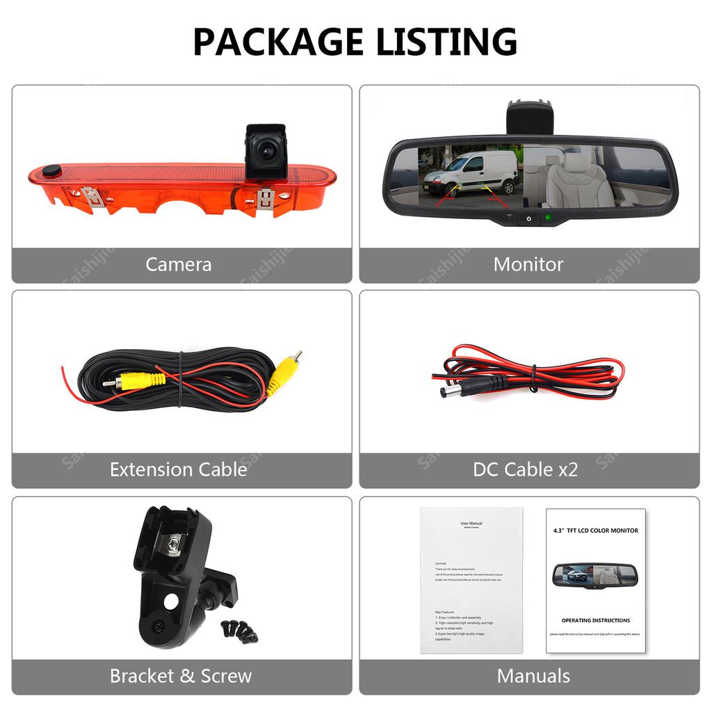Brake Light Reversing Rear View Camera with 4.3" Mirror Monitor Kit for Renault Kangoo Mercedes-Benz Citan Reverse Backup Camera