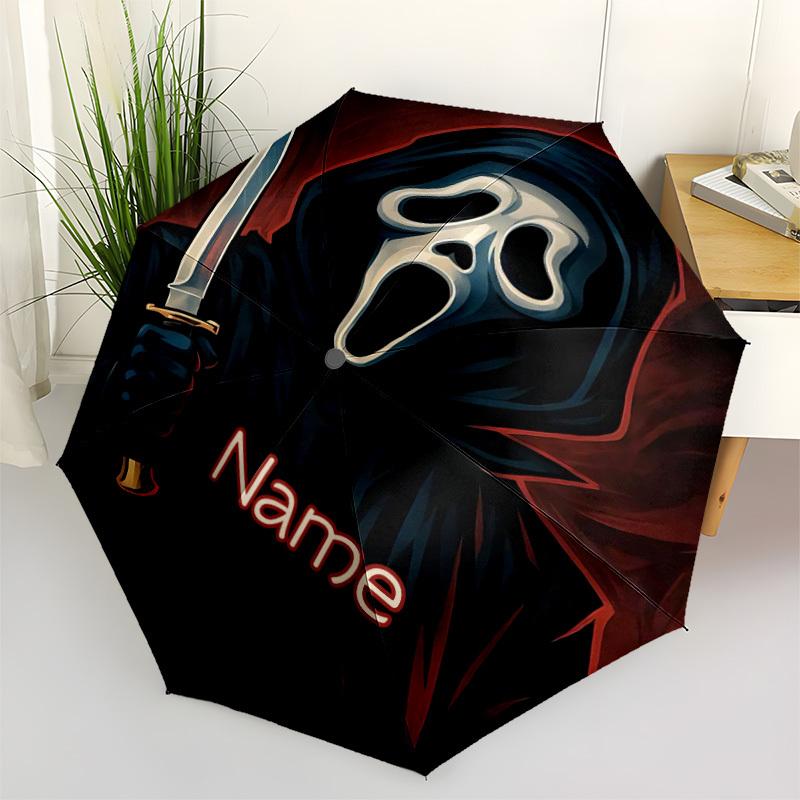 1PC Scream Mask - Custom Name Automatic Folding Umbrella - Compact 8-Rib Design, Durable Plastic & Iron, Daily Use S0106006