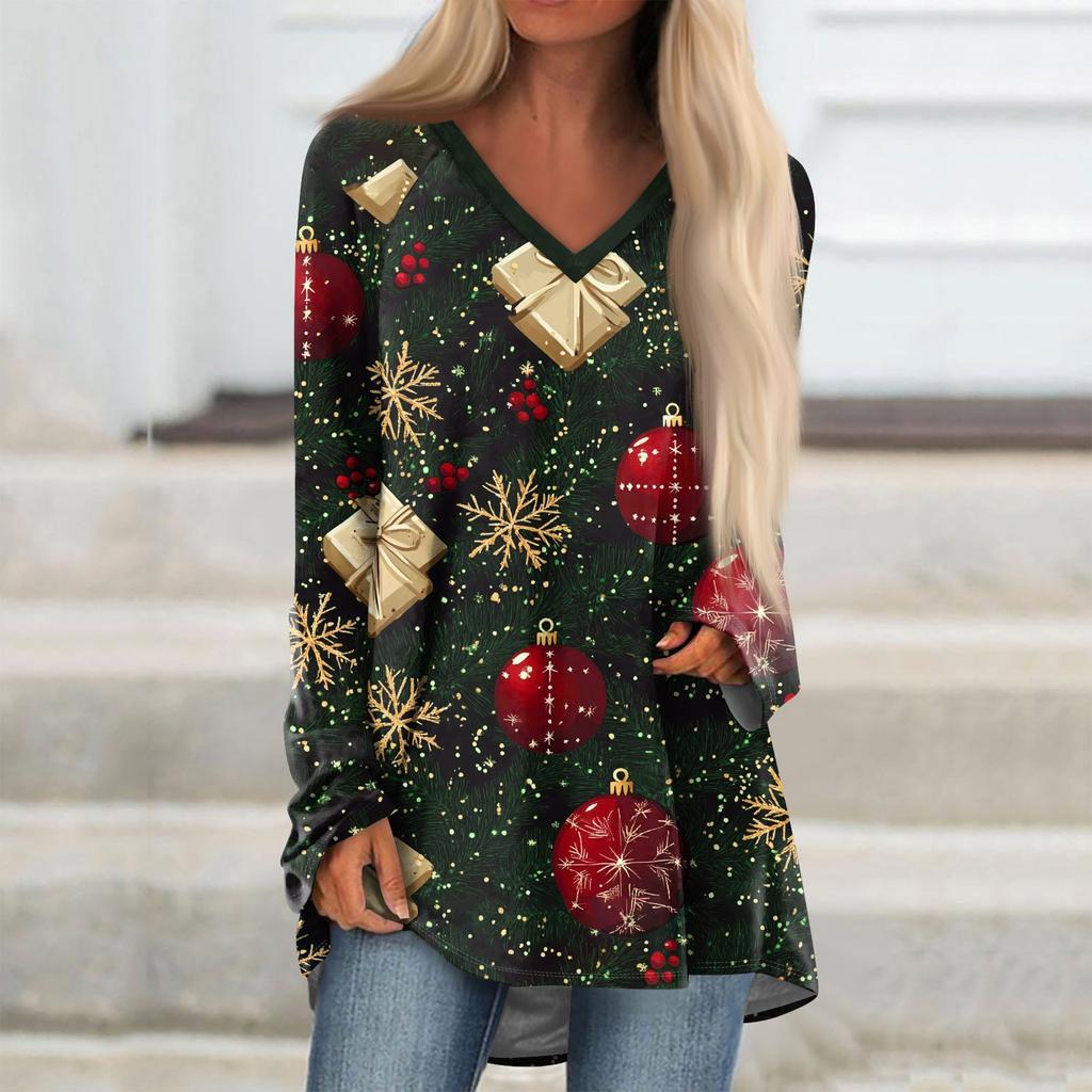 Женская модная повседневная футболка с принтом, длинный рукав, V-образный вырез, топ средней длины