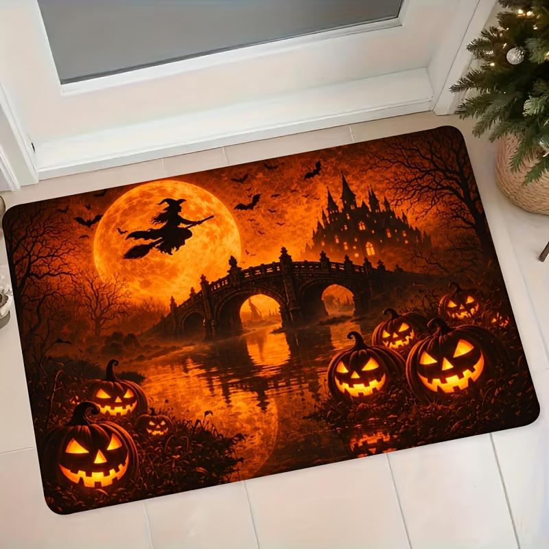 Halloween Themed Flannel Doormat 1pc, Jack-o'-Lantern, Witch, Castle, and Full Moon Pattern, Non-Slip Absorbent Entrance Mat, Holiday Atmosphere Decor