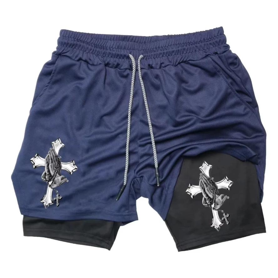 Muay Thai Kick Boxing MMA Shorts Cross Christian Pray God Men Women Unisex Double Layer Quick Dry Breathable Training Sport Gym Fitness Workout