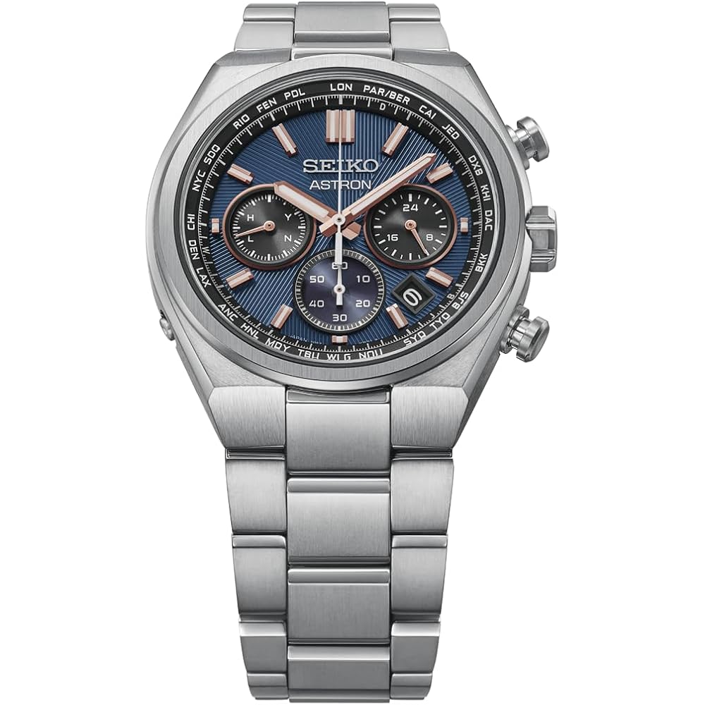 Мужские солнечные радиоуправляемые часы Seiko ASTRON HAD001J Синий Розовое золото Титановый корпус Хронограф Мировое время Календарь даты