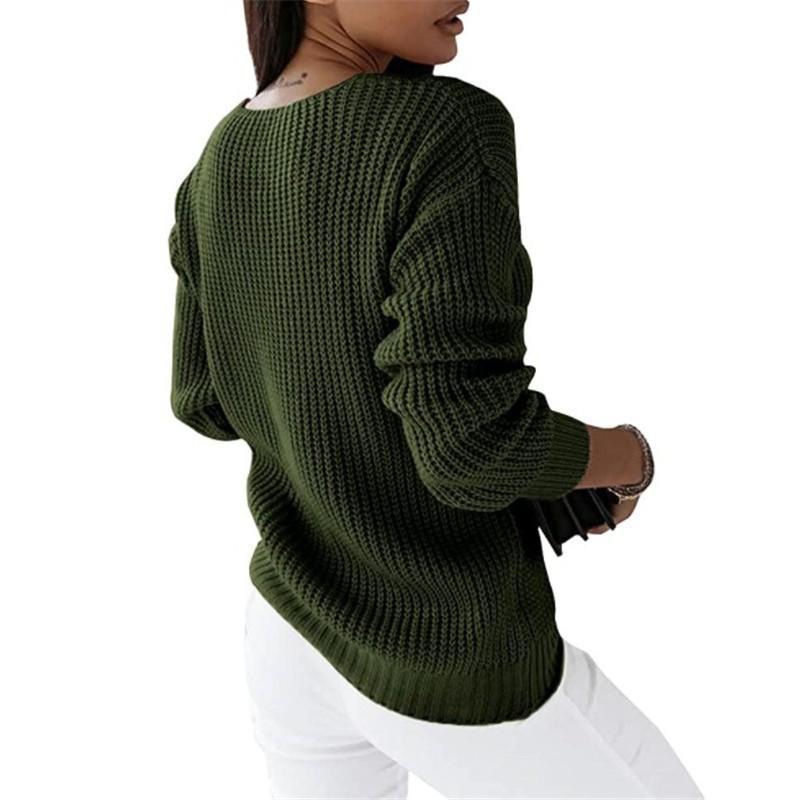 Womens V-Neck Long Sleeve Knit Sweater Pure Color Cable Stitch Casual Pullover Top