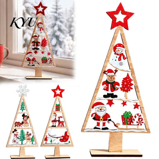 Vintage Style Xmas Decor Wooden Tabletop Christmas Tree Decor, Hollow Ornament, Farmhouse Desktop Ornament Centerpiece for Holiday Party Home