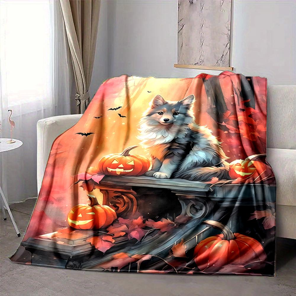 1Pc Autumn Fox Pumpkins Flannel Blanket, Soft And Comfortable, Casual Warm, Camping Travel, Christmas, Halloween Xmas Gift. G169