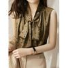 Elegant Vintage Black Polka Dot Printed Sleeveless Blouses Women's Summer Clothing Commuter V-Neck Folds Lacing Bow Shirt Ladies