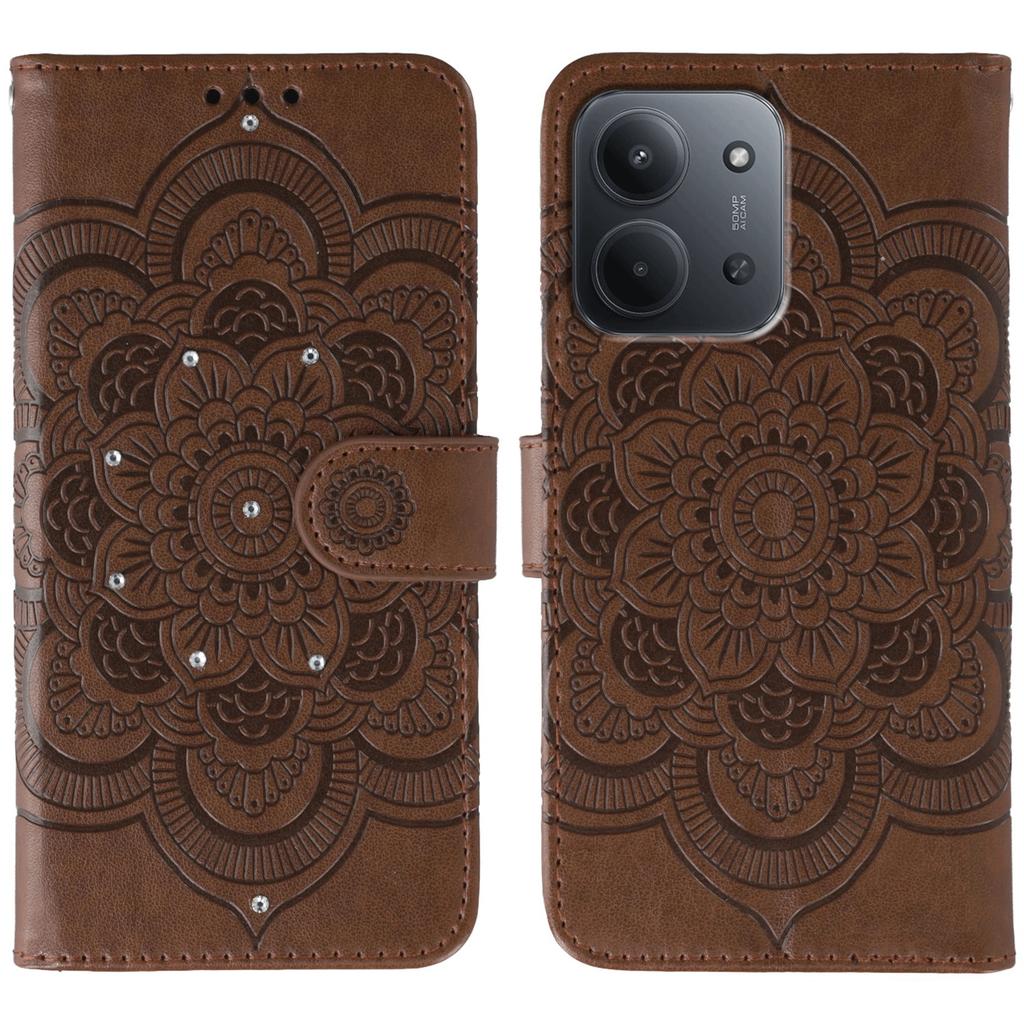For Xiaomi Redmi 15C 5G (EU) (173mm)/15C 4G (EU) (173mm) Case Rhinestone Decor PU Leather Mandala Imprint Phone Cover with Wrist Strap