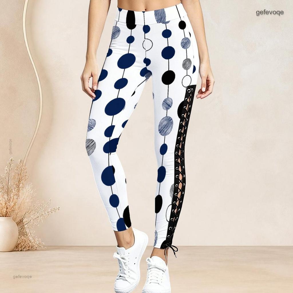 Women Plus Size High Waist Polka Dot Printed Side Eyelet Lace Up Full Length Leggings