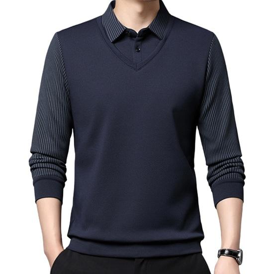 Мужская рубашка осень-весна с отложным воротником, имитация двухсекционного свитера в стиле пэчворк, большой размер, полосатая пуговица, формальный деловой стиль, мужской офисный топ