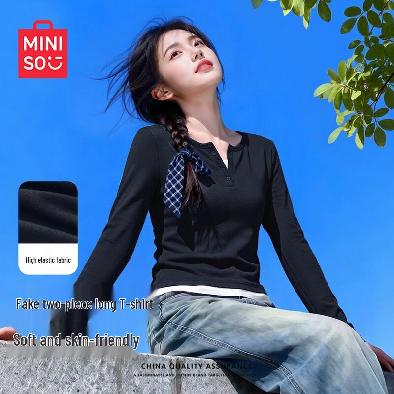 MINISO Женская футболка-henley с длинным рукавом, имитирующая двухпредметный комплект