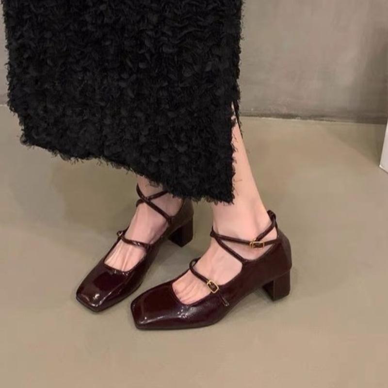 Fashion Square Toe Banquet Mary Janes 2024 Summer New Casual Thick High Heel Cross Buckle Strap Pumps Fashion Women Shoes