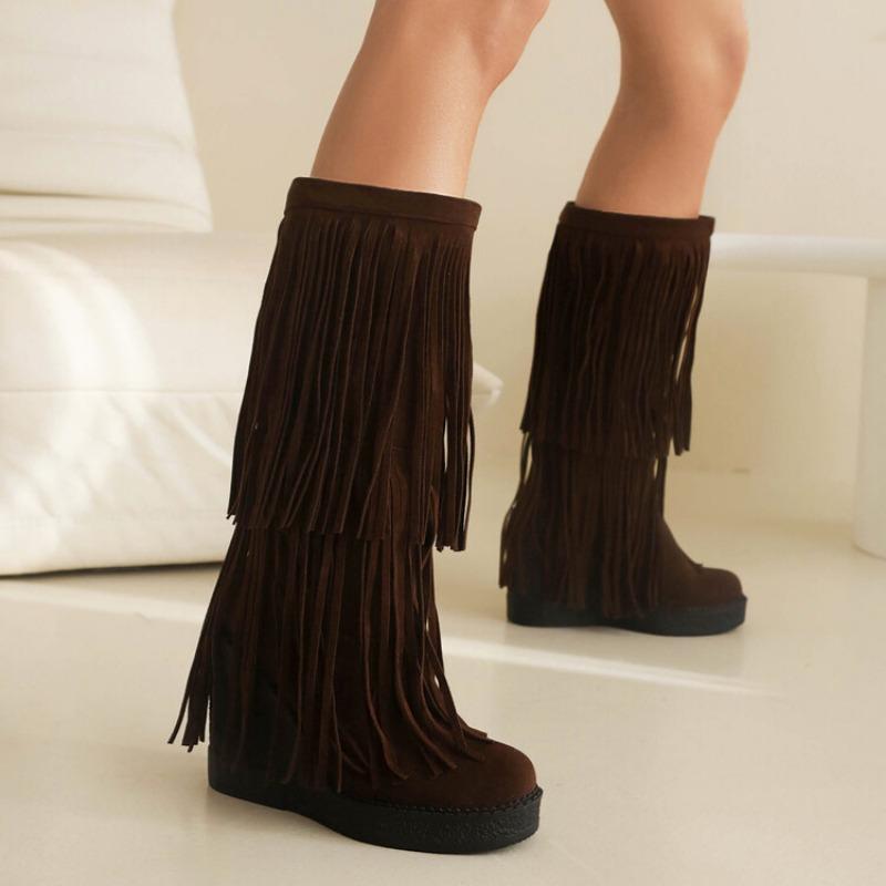 Женские сапоги Tassel Winter New Bohemian Flocking Monica Design Сапоги до середины голени Теплые сапоги на молнии на платформе с подкладкой из плюша Высокие сапоги до колена