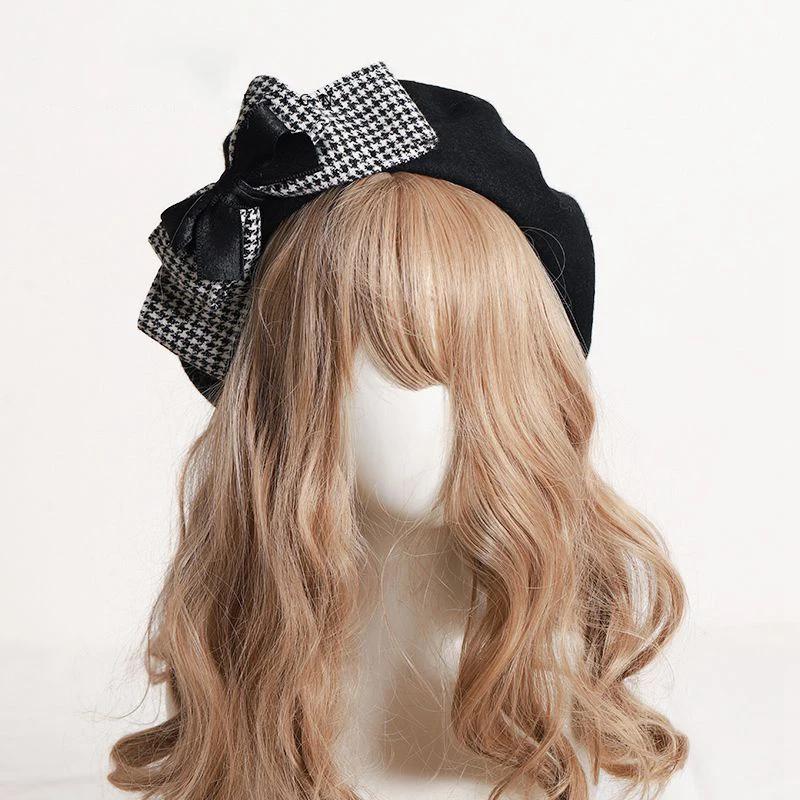 Lolita Plaid Big Bow Cute Beret Autumn Winte Beanie Cap Wool Hats Vintage Fascinator French Hats for Women Girls