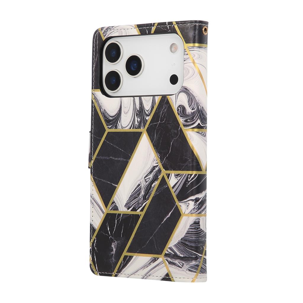 For iPhone 17 Pro Max Case Lacquered Marble Pattern Leather Phone Cover with Wrist Strap